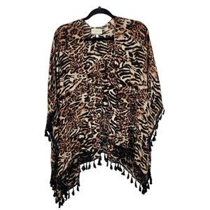 Bobbie‎ Brooks Lightweight Kimono Cardigan One Size Brown Leopard Tassel Fringe